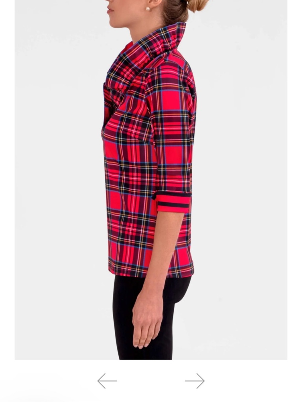 Gretchen Scott Red Plaid Ruff Neck Top | 3/4 Sleeve Preppy Blouse Size Large - Picture 2 of 9